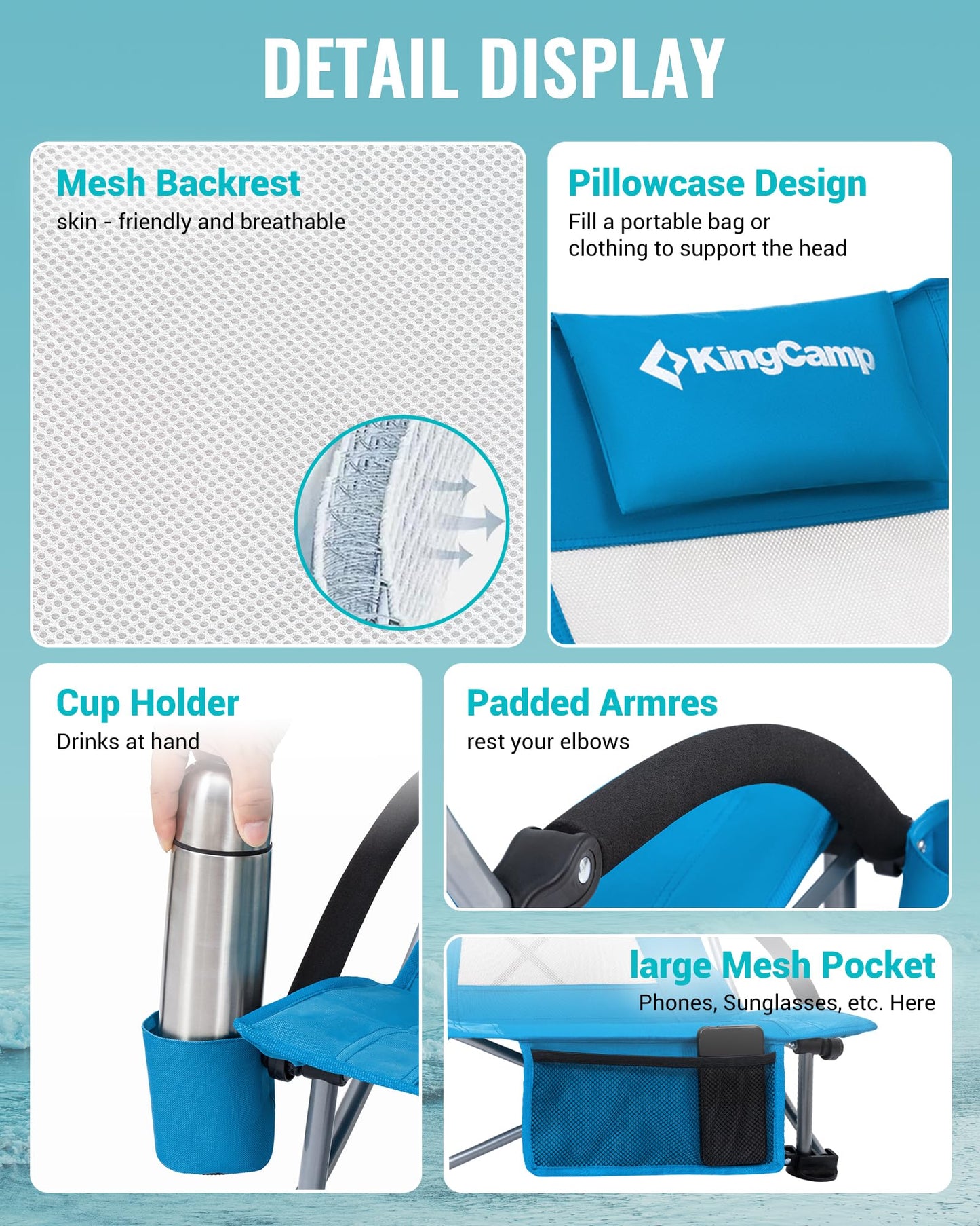 KingCamp High Back Beach Chairs for Adults, Folding Beach Chair with Cup Holder Carry Bag and Mesh Back, Blue Camping Chair for Travel Lawn Outdoor Festival