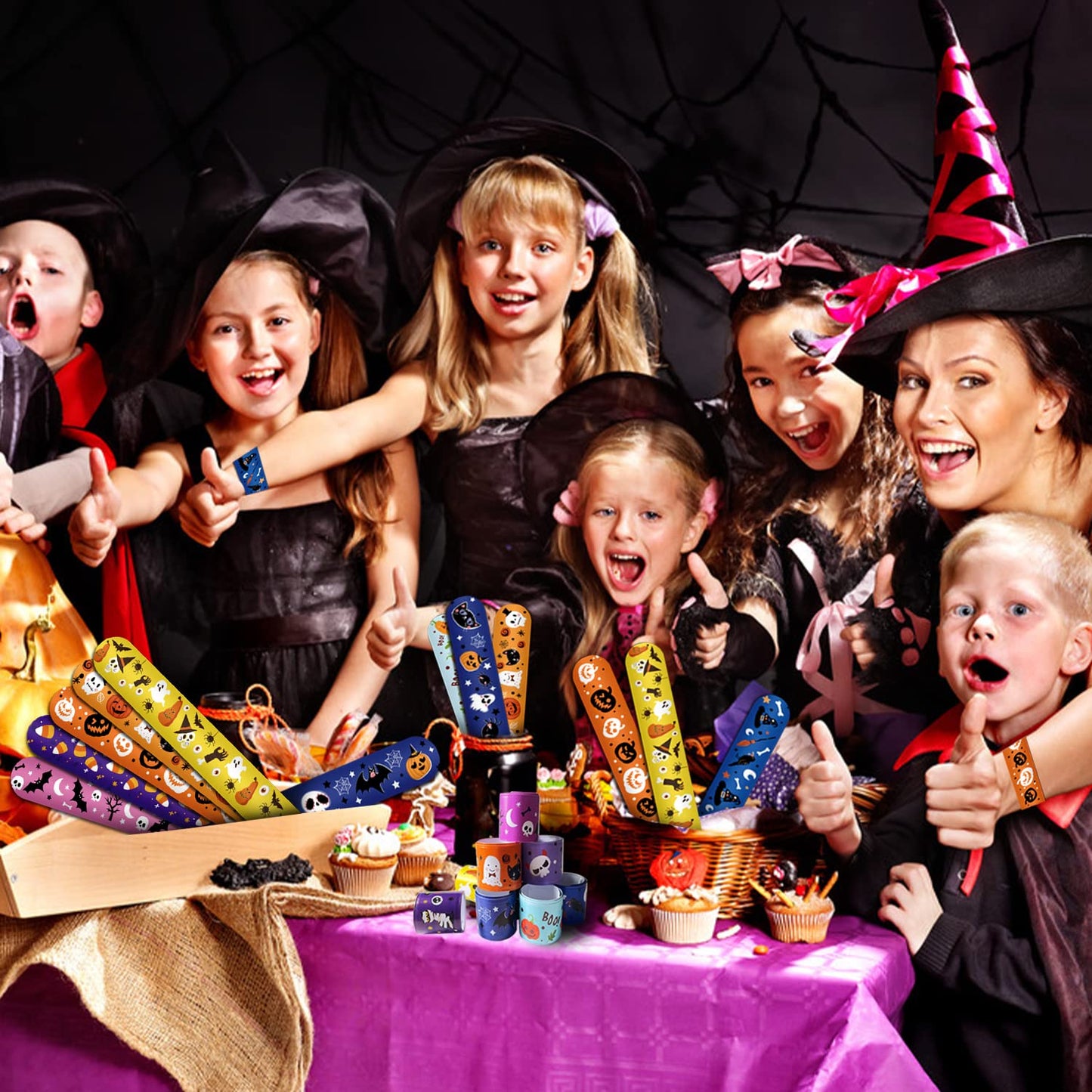 FOIMAS 48pcs Halloween Slap Bracelets, Snap Bracelet Pumpkin Witch Wristband for Kids Trick or Treat Bag Filler Party Favor Supply