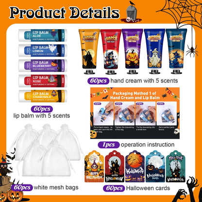 60 Pack Halloween Hand Cream and Lip Balm Set for Women, Bulk Hand Lotion for Halloween Gifts, Halloween Party Favors, Party Supplies, Decorations, Goodie Bags with Halloween Card and Organza Bags