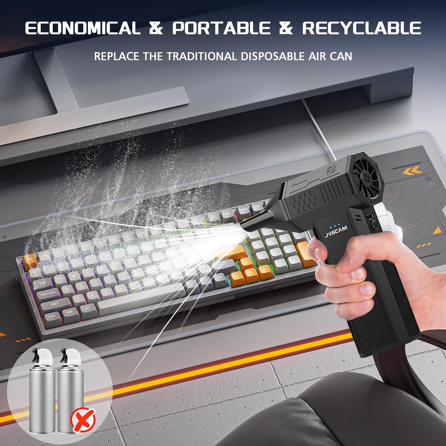 JVSCAM Compressed Air Duster - Electric Air Duster with Brushless Motor - 3 Gear Adjustable Cordless Air Blower - Rechargeable Air Duster for PC, Keyboard, Car, Outdoors, Home (X3)