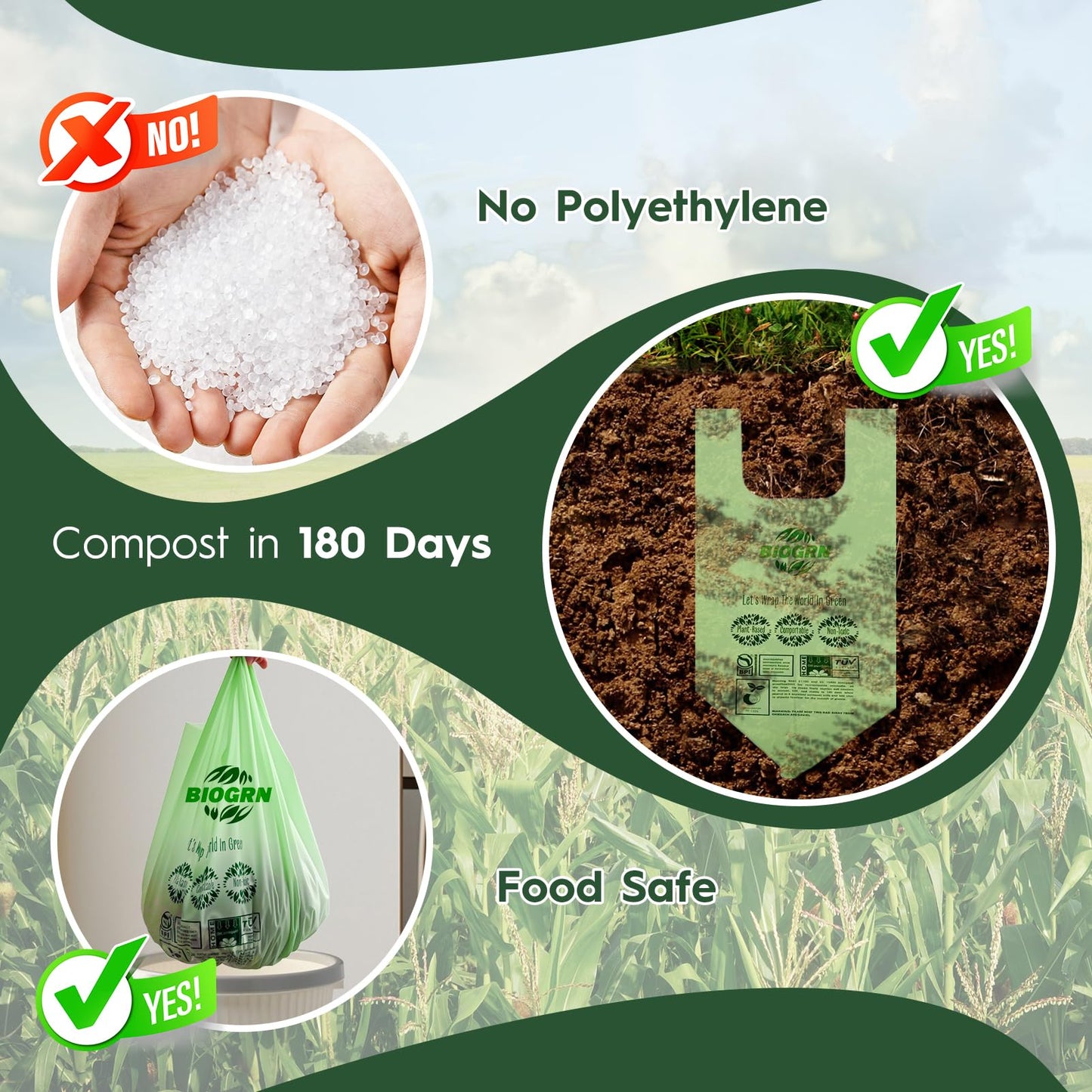 Compostable Trash Bags 1.2-1.6 Gallon Handle Tie 50 Count 0.6 Mil 6.06 Liter Small Compost Bags for Countertop Bin Biodegradable Bags Green for Kitchen ASTM D6400 & BPI Certified, OK Compost Home