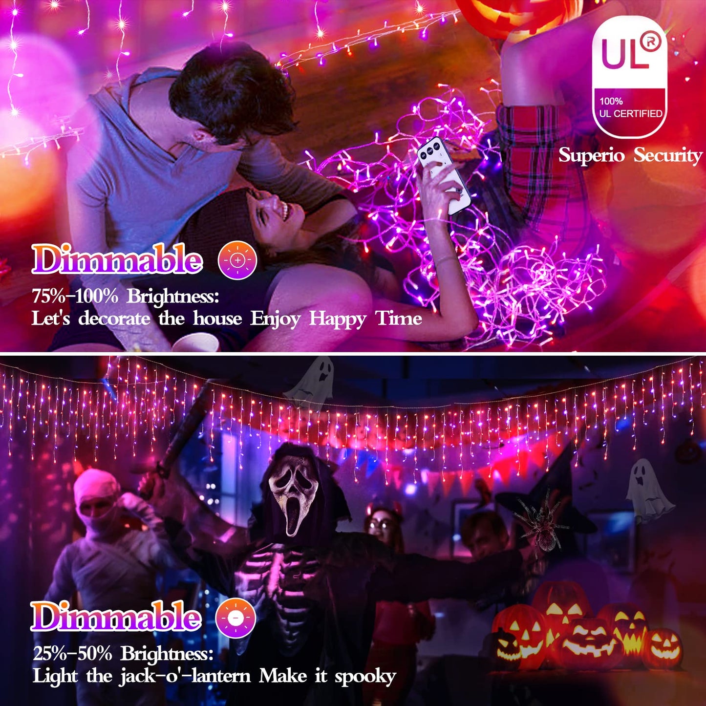 FLVOECN 480 LED 49FT Halloween Lights Plug in 8 Modes with Timer Dimmable Halloween Decorations Outdoor Waterproof String Lights for Roof Porch Garden Holiday Wedding Party Decor Orange Purple