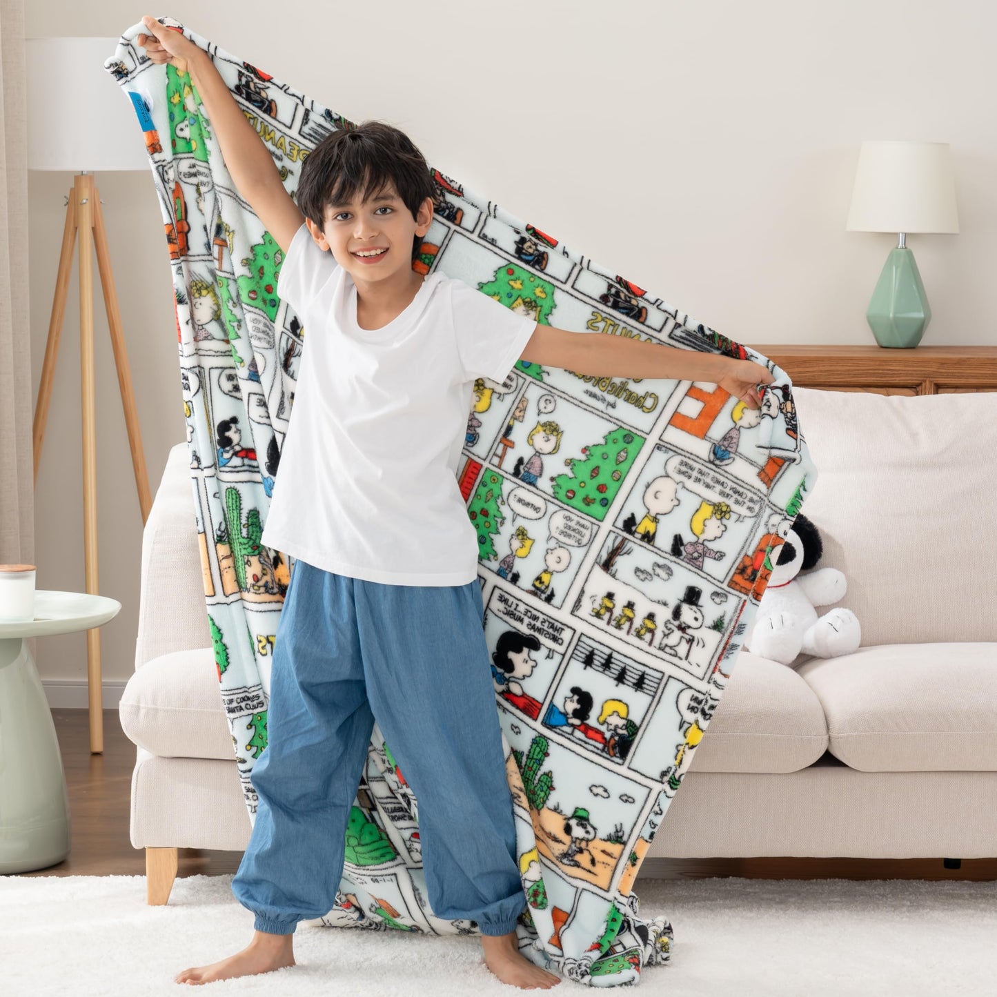 Berkshire Blanket Peanuts® VelvetLoft® Cute Character Snoopy Plush Oversized Kids Throw Blanket, Peanuts Christmas Comic Strip Colorized White (50in x 60in)