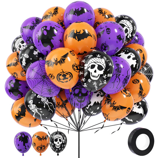 Halloween Balloons, 60Pcs 12 Inches Balloons 9 Styles Black Orange Purple Halloween Pumpkin Ghost Bat Skull Spider Webs Print Balloons for Halloweenn Party Decorations Halloweene Party Supplies