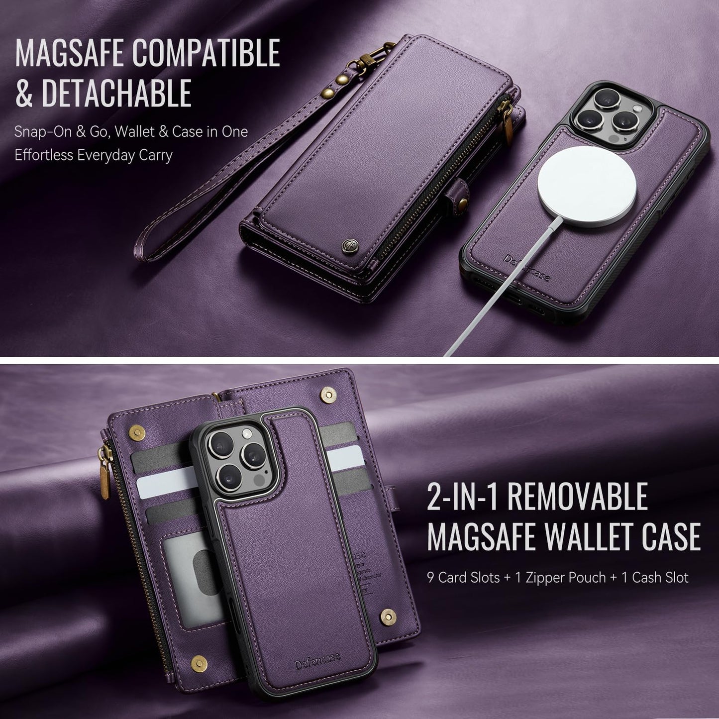 Defencase for iPhone 16 Pro Max Magnetic Wallet Case Compatible with Magsafe with RFID Blocking Zipper Strap Card Holder for Women Men PU Leather Detachable Case for iPhone 16 Pro Max (6.9"), Purple