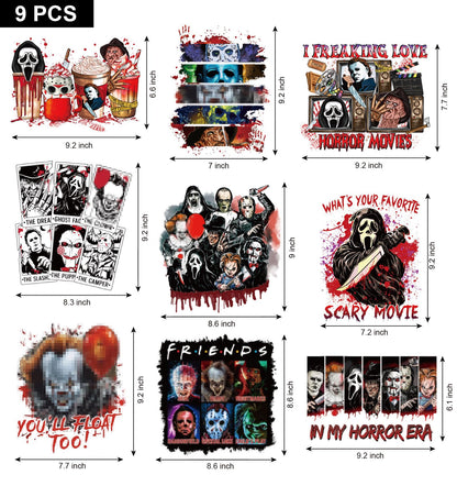 9 Sheets Halloween Iron on Transfers for T-Shirts,Halloween DTF Transfers Ready to Press Heat Transfer Vinyl,Horror Movie Iron on Patches Sticker Halloween Iron on Decals for T-Shirt Clothes DIY