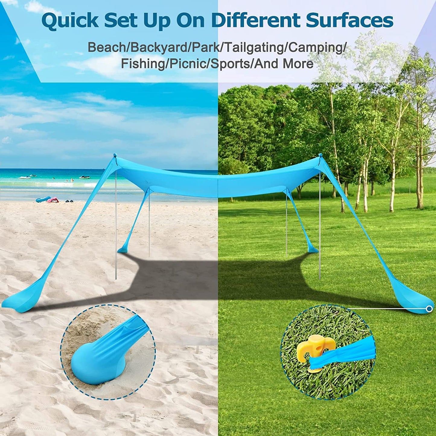 COMMOUDS Beach Tent Sun Shelter - UPF50+ Pop Up Beach Canopy with Sandbags & Sand Shovel & Windproof Poles, Portable Sun Shade for Beach, Camping, Picnics, Backyard (7x7FT)