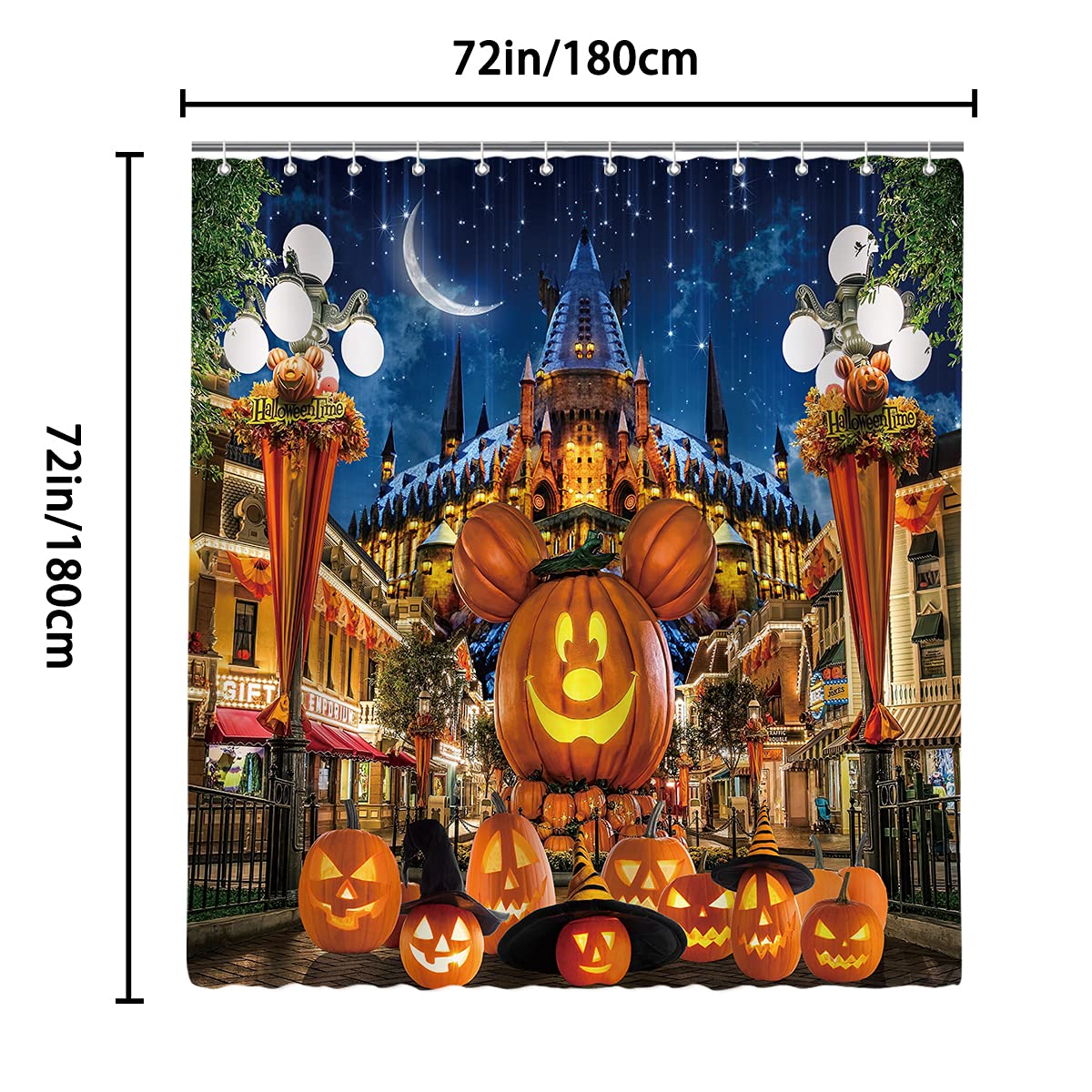 DePhoto Halloween Shower Curtain for Bathroom Kids Cartoon Pumpkin Wizard hat Moon Castle Star Street lamp Poliester Fabric Decoration Water Proof with 12Hooks 72x72inch