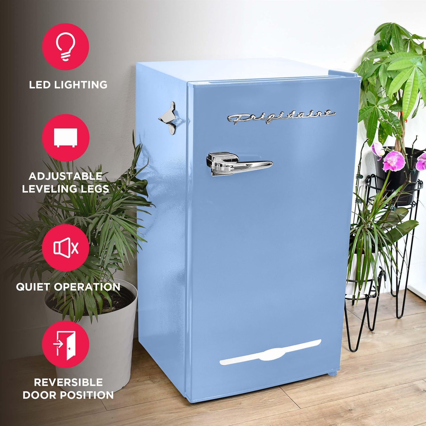 Frigidaire Retro Compact Fridge with Chiller, 3.2 cu ft Countertop Fridge with Built-In Bottle Opener, Compact Refrigerator for Office, Bedroom, Dorm Room or Cabin - 16.5" D x 19" W x 31" H (Blue)