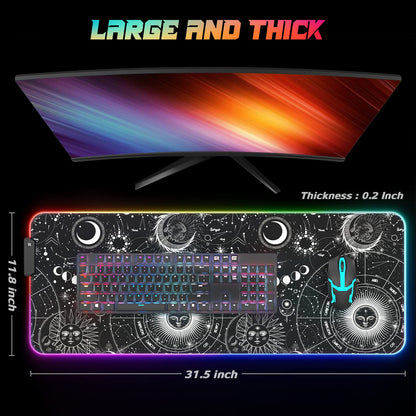 ITNRSIIET RGB Gaming Mouse Pad, Full Desk XL Extended Large Gaming Mousepad, 12 Lighting Modes, 30% Thicker, Big LED Desk Mat for Keyboard Computer Men Gamers Esport Pros, 32" x 12", Black Sun Moon