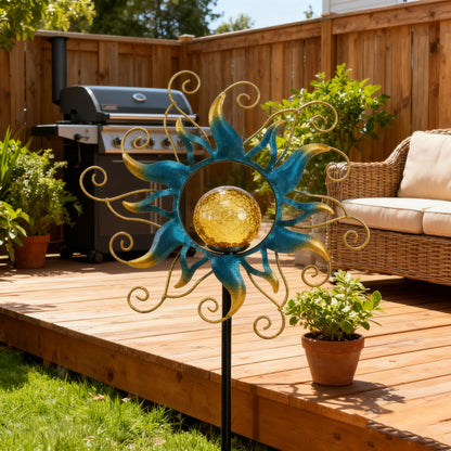 Kacux Solar Lights Outdoor Garden Decor, Blue Metal Sun Crackle Glass Globe Stake Waterproof 30LED Decorations Unique Gifts for Women,Mom,Outside, Patio,Lawn,Yard,Pathway