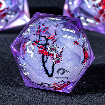 KERWELLSI Liquid Core Flower DND Dice Set with Box, 7Pcs Resin Plum Blossom Resin Sharp Edge Polyhedral Dice, Purple Role Playing Dice D20 D12 D10 D8 D6 D4