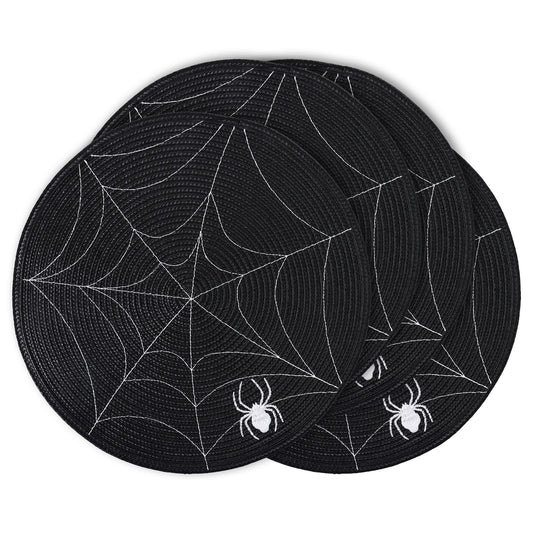 Feuille Round Halloween Placemats Set of 4 13.5 Inch Spider Web Placemats for Round Tables Black and White Spider Placemats Perfect for Halloween Decorations Indoor