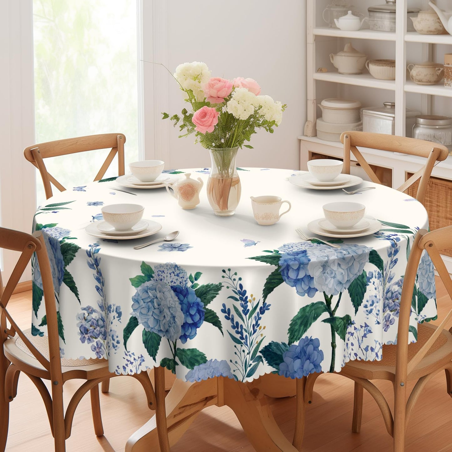 Eikione Round Table Cloths 60 in, Floral Tablecloth Waterproof, Wrinkle Free Polyester Flower Table Cover for Patio Party