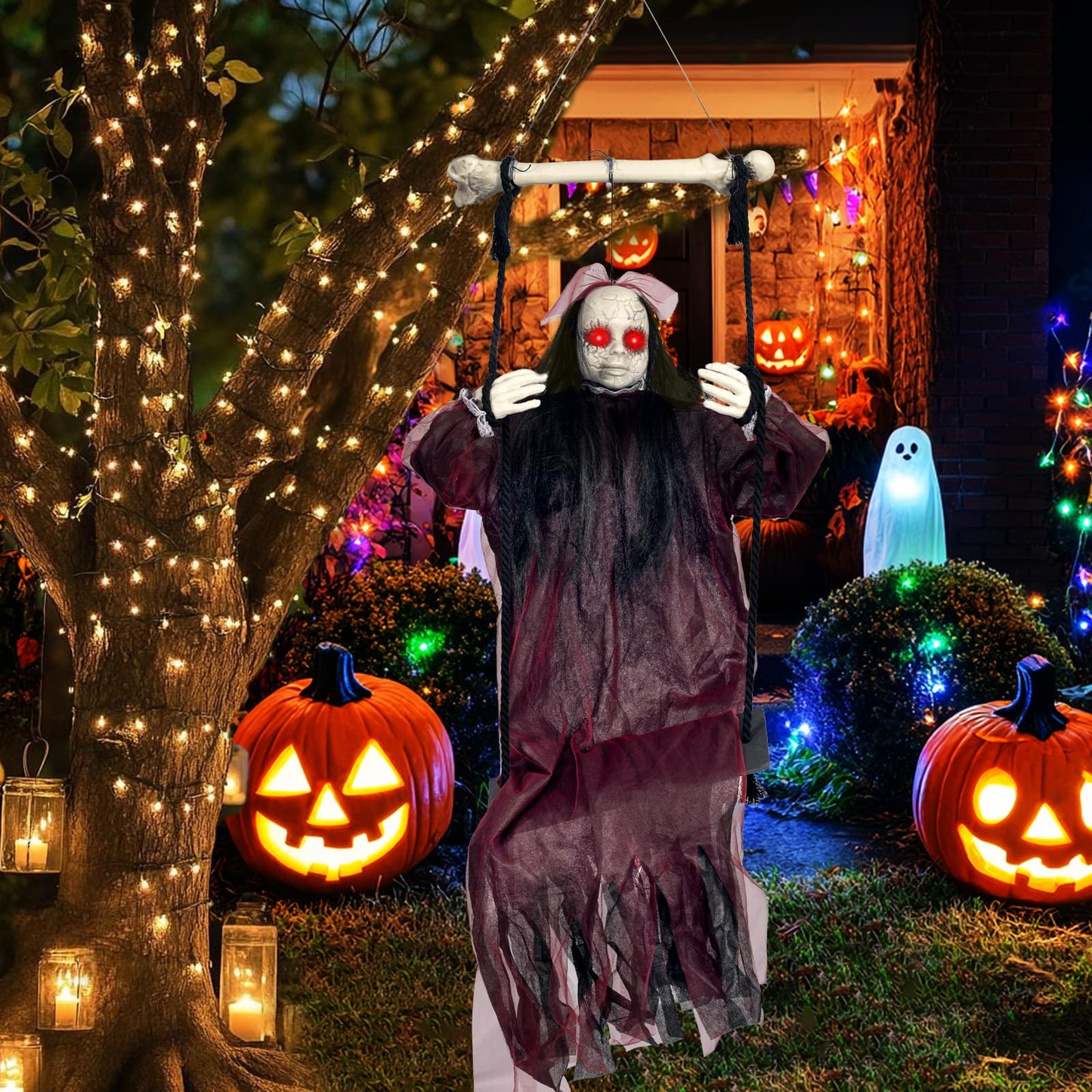 KEUCL Halloween Decorations, Hanging Swing Ghost with Voice Activated, Creepy Sound/Light Up Eyes, Halloween Animatronics Spooky Haunted House Holiday Prop for Outdoor Indoor Yard Garden Patio Trees