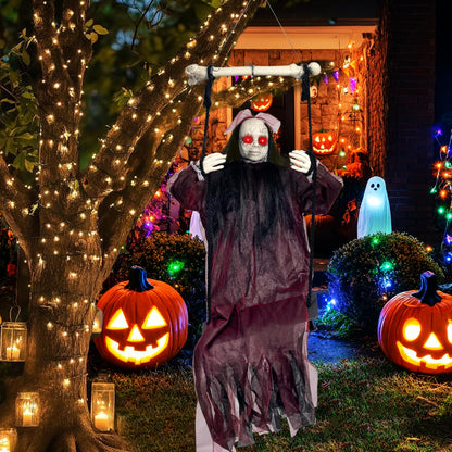 KEUCL Halloween Decorations, Hanging Swing Ghost with Voice Activated, Creepy Sound/Light Up Eyes, Halloween Animatronics Spooky Haunted House Holiday Prop for Outdoor Indoor Yard Garden Patio Trees