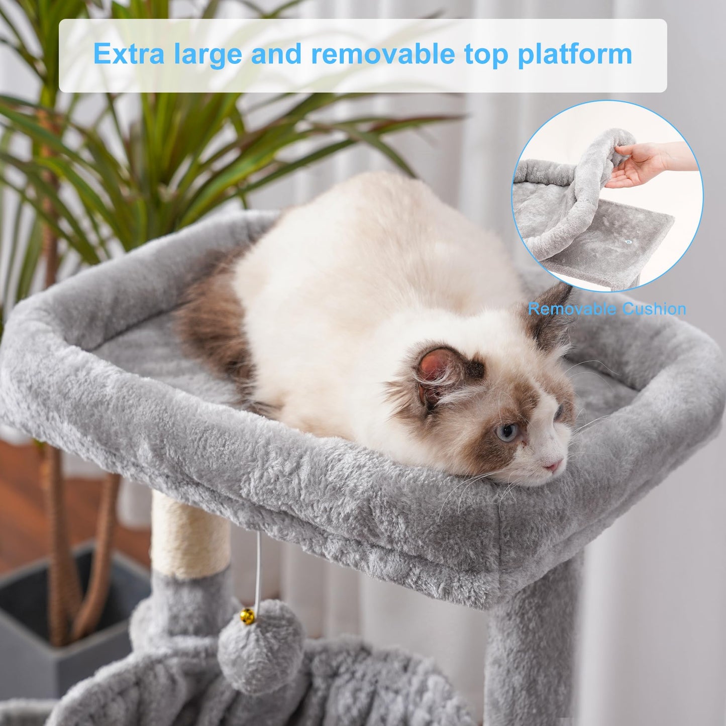 Hey-brother Cat Tree, Cat Tower for Indoor Cats, Cat House with Large Padded Bed, Cozy Condo, Hammocks, Sisal Scratching Posts, Big Scratcher, Light Gray MPJ006SW