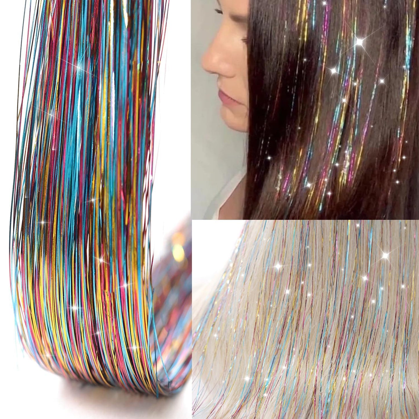 Hair Tinsel 12Pcs Clip in Rainbow Hair Accessories 20.5 Inch Fairy Hair Tinsel Kit for Women Girls Kids Glitter Extensions for Christmas Halloween New Year Party (Rainbow)