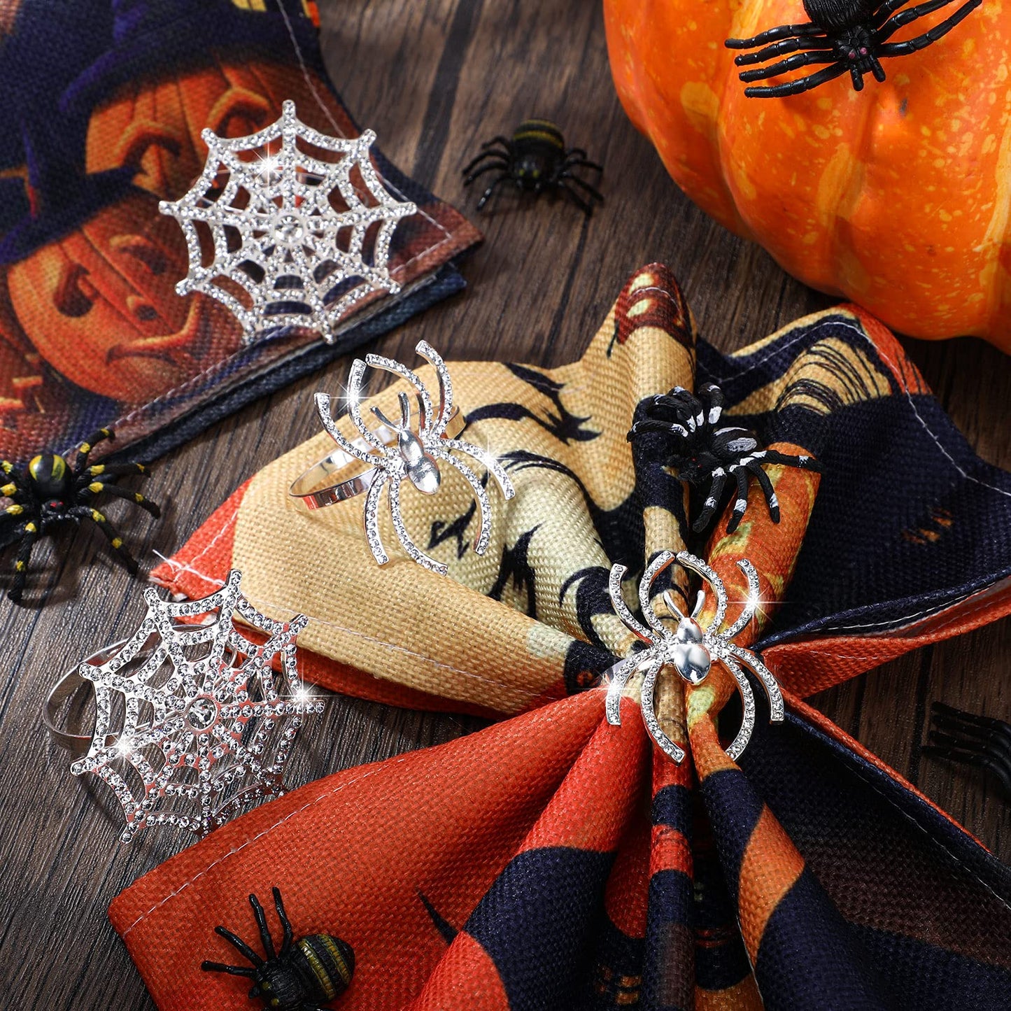 12 Pieces Spider Napkin Rings Halloween Napkin Ring Spider Web Napkins Rings Set Metal Spooky Napkins Holder Serviette Buckle Party Supplies for Halloween Dinning Costume(Silver,with Rhinestone)