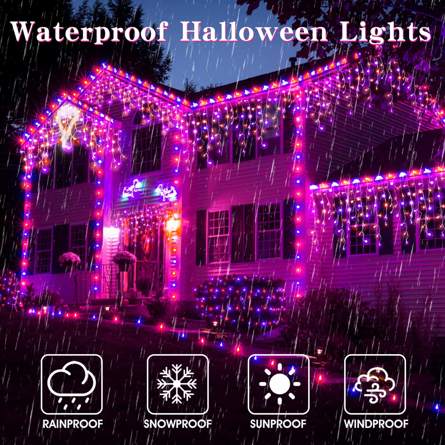 Halloween Icicle Lights Outdoor, 512 LED 46.5 FT 8 Lighting Modes with Timer & Memory, Curtain Fairy String Lights With 96 Drops for Halloween Decorations Holiday Party Eaves Yard (Purple & Orange)
