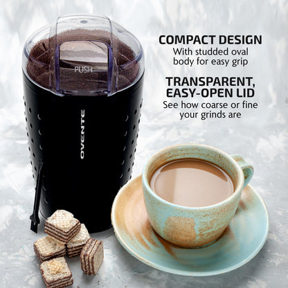 OVENTE Electric Coffee Grinder for Beans, Spices and More, 2.5Oz Compact Grinding Mill, Spice Grinder with Stainless Steel Blade, Pulse Button Operation and Transparent Easy to Open Lid, Black CG225B