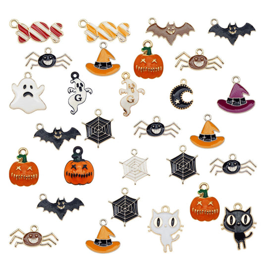 Julie Wang 54pcs Alloy Enamel Halloween Charms Candy Pumpkin Ghost Spider Bat Pendants for Holiday Jewelry Making Party Decoration Crafts DIY