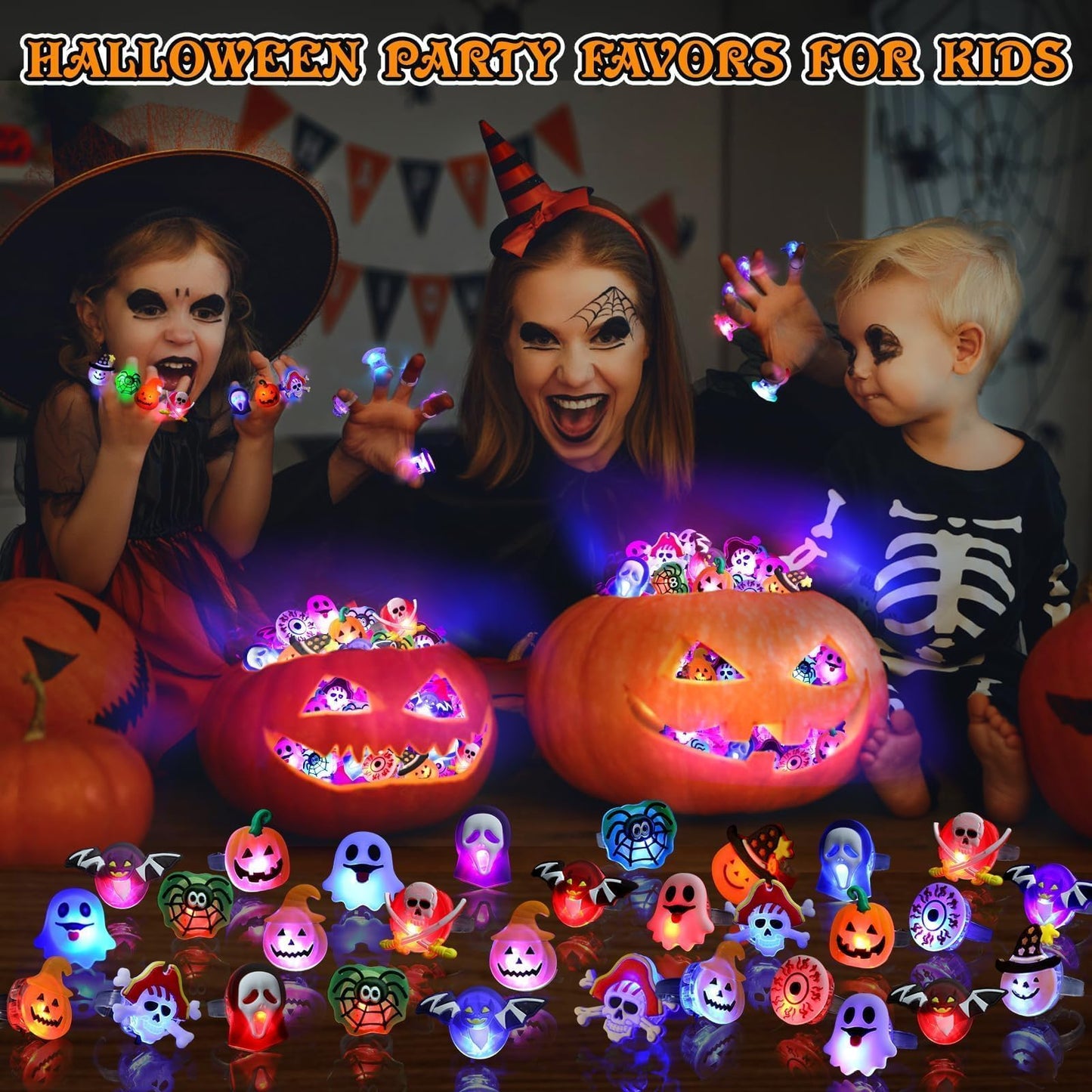 Coluans Halloween Party Favors for Kids Adults 50Pcs Gifts Halloween Treats LED Light Up Rings Flash Rings Glow In The Dark Party Supplies Goodie Non Candy Bag Filler Prizes Decorations NEW VERSION