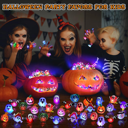 Coluans Halloween Party Favors for Kids Adults 50Pcs Gifts Halloween Treats LED Light Up Rings Flash Rings Glow In The Dark Party Supplies Goodie Non Candy Bag Filler Prizes Decorations NEW VERSION