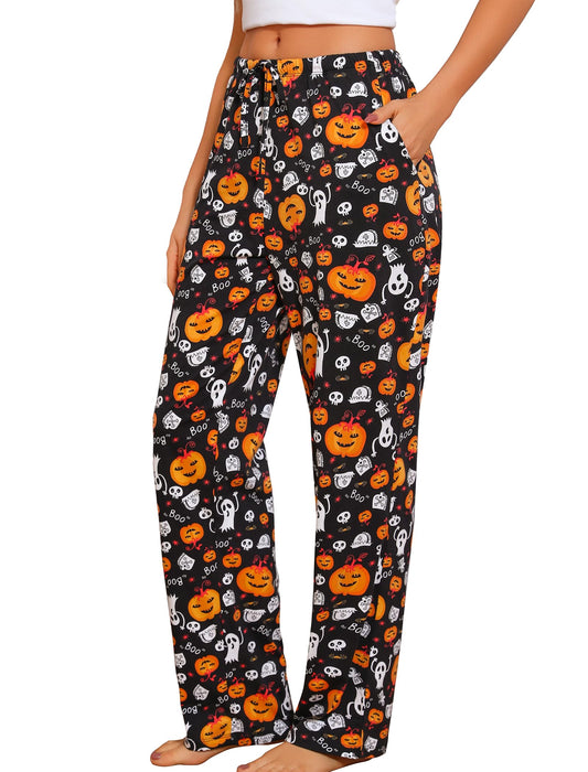 ENJOYNIGHT Women Cotton Lounge Pants Comfy Pajama Bottoms With Pockets&Drawstring(Black Pumpkin, Medium)