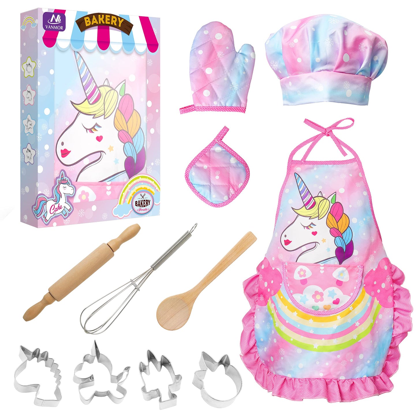 Vanmor Unicorn Kids Cooking and Baking Sets, 11Pcs Kids Aprons for Girls, Kids Chef Hat and Pink Apron, Mitt & Utensil for Toddler Dress Up Chef Costume Birthday Gifts for 3 4 5 6 7 8 Years Old Girls