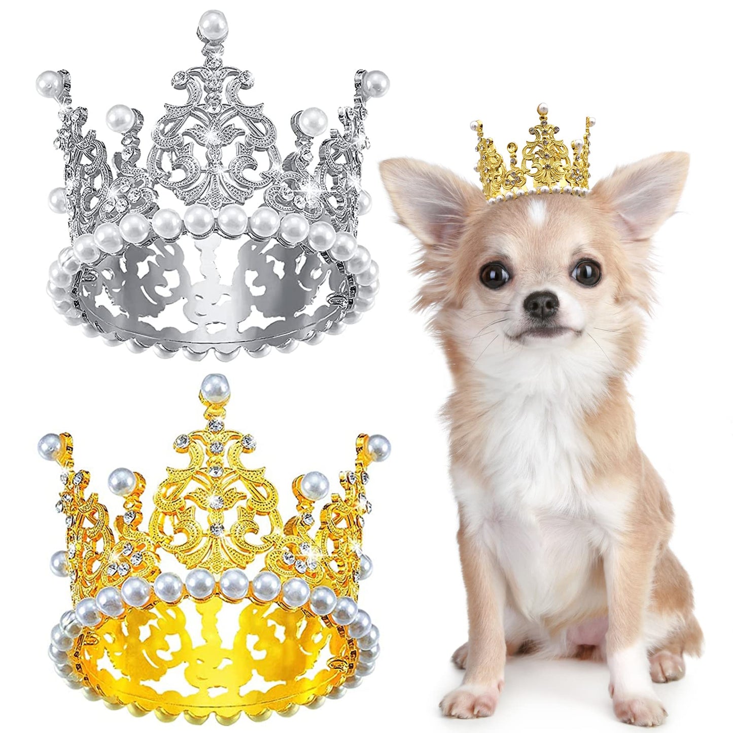 PET SHOW 2pcs Medium Dog Crown Headband Puppies Cat Hat for Birthday Party Silver Gold Rhinestone Faux Pearl Crown for Boy Girl Wedding Hair Accessories Photo Prop Costume