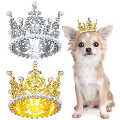 PET SHOW 2pcs Medium Dog Crown Headband Puppies Cat Hat for Birthday Party Silver Gold Rhinestone Faux Pearl Crown for Boy Girl Wedding Hair Accessories Photo Prop Costume