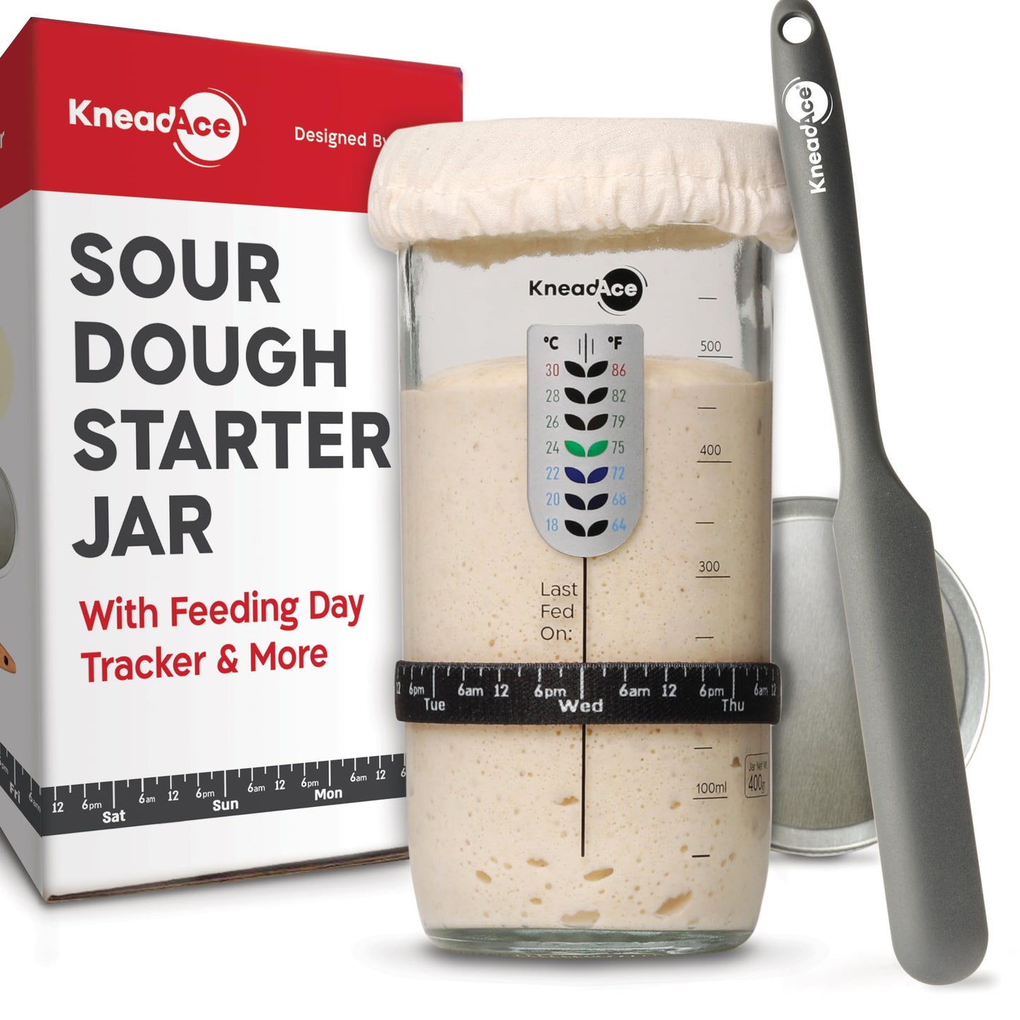 KneadAce Sourdough Starter Jar With Date Marked Feeding Band, Thermometer, Sourdough Jar Scraper, Sourdough Container Sewn Cloth Cover & Metal Lid, Sourdough Starter Kit