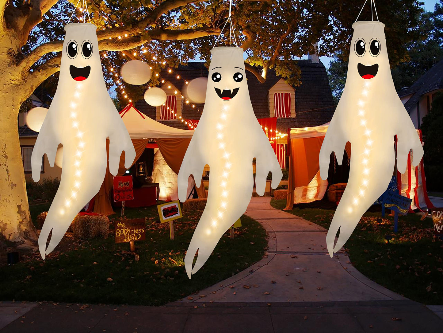 3PCS 43 Inch Halloween Ghost Windsocks Hanging Decorations - Flag Wind Socks for Home Yard Outdoor Decor Party Supplies (Batteries Not Included,No Timer)