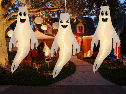 3PCS 43 Inch Halloween Ghost Windsocks Hanging Decorations - Flag Wind Socks for Home Yard Outdoor Decor Party Supplies (Batteries Not Included,No Timer)