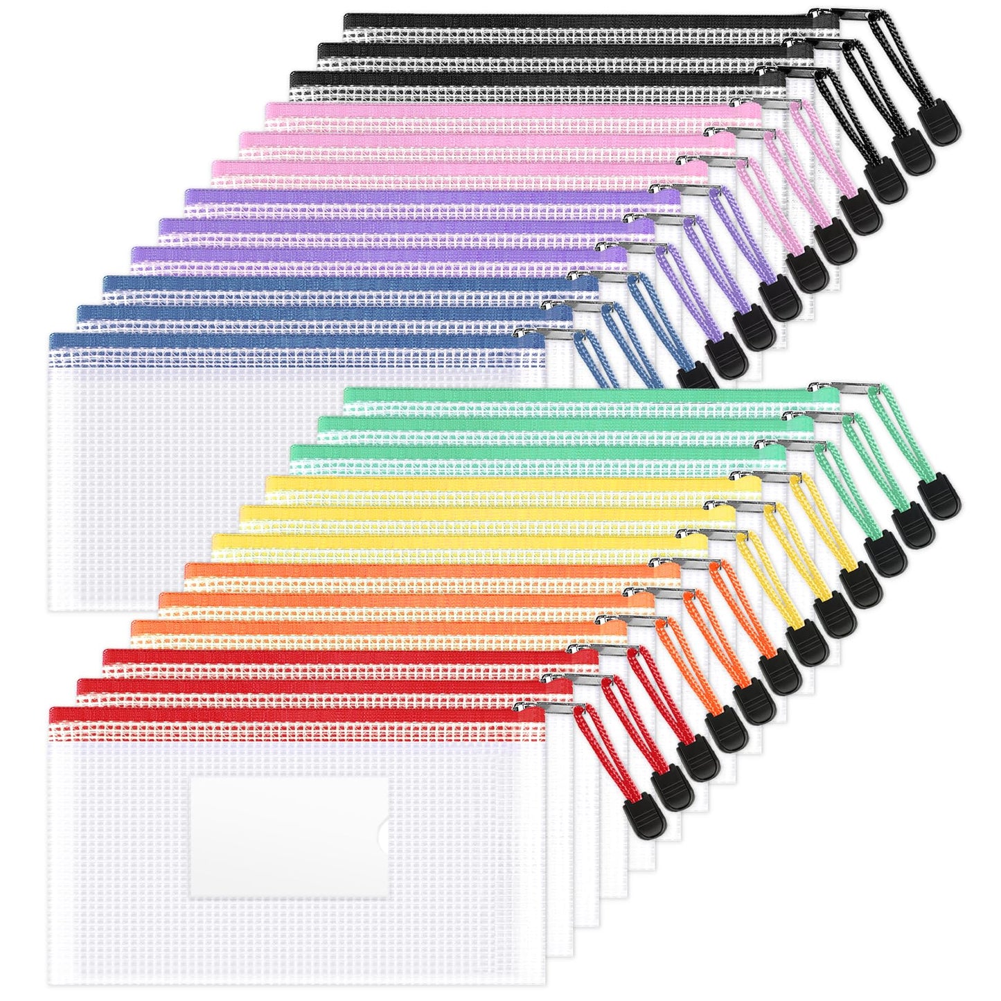 Sooez 24 Pack Mesh Zipper Pouch Bags with Label Pocket, A6 (9.1×4.7 in) Small Pencil Case Pouch for Organizing, Clear Plastic Pencil Pouches Bulk for School Supplies Storage, Money Envelopes for Cash