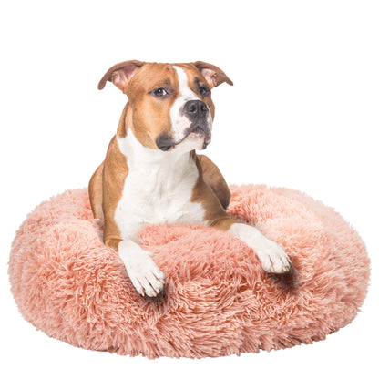 Fur & Bone Round Plush Donut Dog Cat Bed | Fluffy Cuddler Pet Cushion Self-Warming Beds | Washable Dog Bed with Non-Slip and Waterproof Bottom Calming Dog Bed - (60cm, Pink)