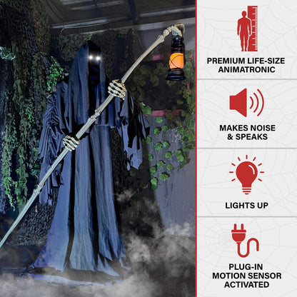 Haunted Hill Farm Motion-Activated 6-Ft. Tall Ghostly Guide, Plug-in Talking Scare Prop Animatronic with Spooky Sound Effects and Lights for Indoor or Covered Outdoor Creepy Halloween Decoration