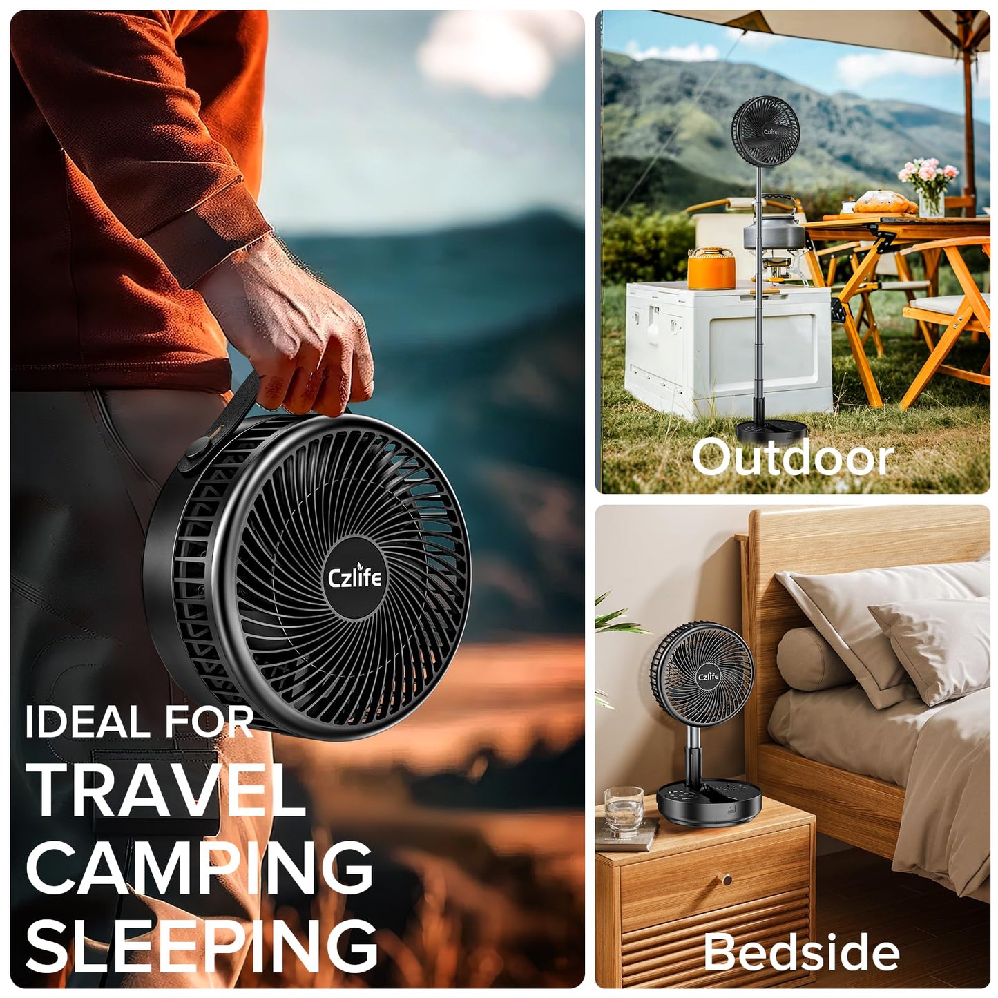 Czlife F9 Portable Fan, 10000mAh Rechargeable Battery Powered for Travel Sleeping Camping Bedroom Outdoor, Cordless Floor Desk Fan, Oscillating Folding USB Fan with Remote, 4 Speed, Timer, 7.7"