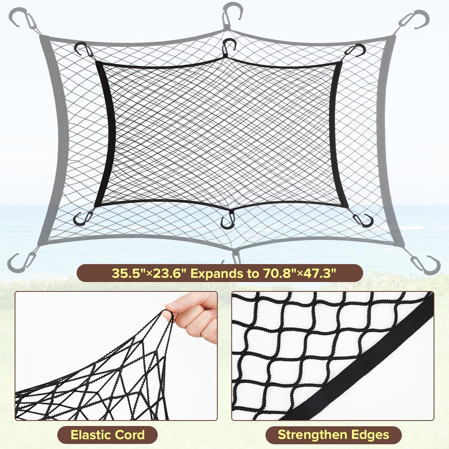 Kaskawise Small Cargo Net for Collapsible Foldable Wagon, Beach Cart, Garden Cart Cover Net - Elastic Mesh Heavy Duty Nylon Net with 6 Hooks - Outdoor Wagon Accessories (35.5"×23.6", Black)