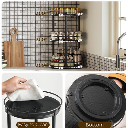 3-Tier Lazy Susan Organizer, Rotating Spice Rack, Spinning Organizer, Industrial Turntable Spice Rack Organizer for Cabinet, Kitchen Countertop, Pantry, Rustic Brown and Black SR23BR