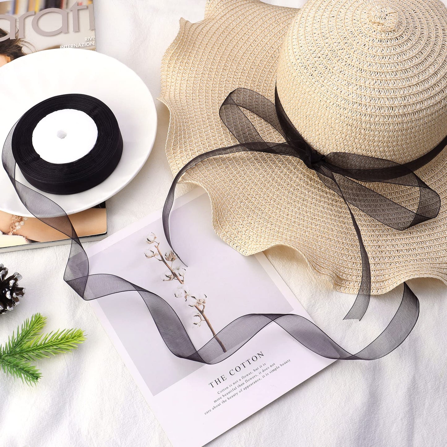 Hiswan 3/4 inch Sheer Organza Ribbon 50 Yards Black Chiffon Ribbon for Gift Wrapping Christmas Halloween Decoration Wedding Bouquet Crafts