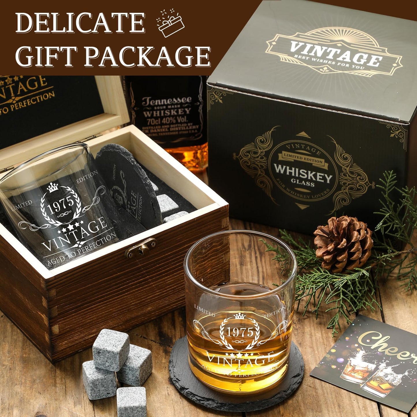 50th Birthday Gifts for Men Whiskey Glass Set - 50th Birthday Decorations, Party Supplies - 50 Year Anniversary, Bday Gifts Ideas for Him, Dad, Husband, Friends - Wood Box & Whiskey Stones & Coaster