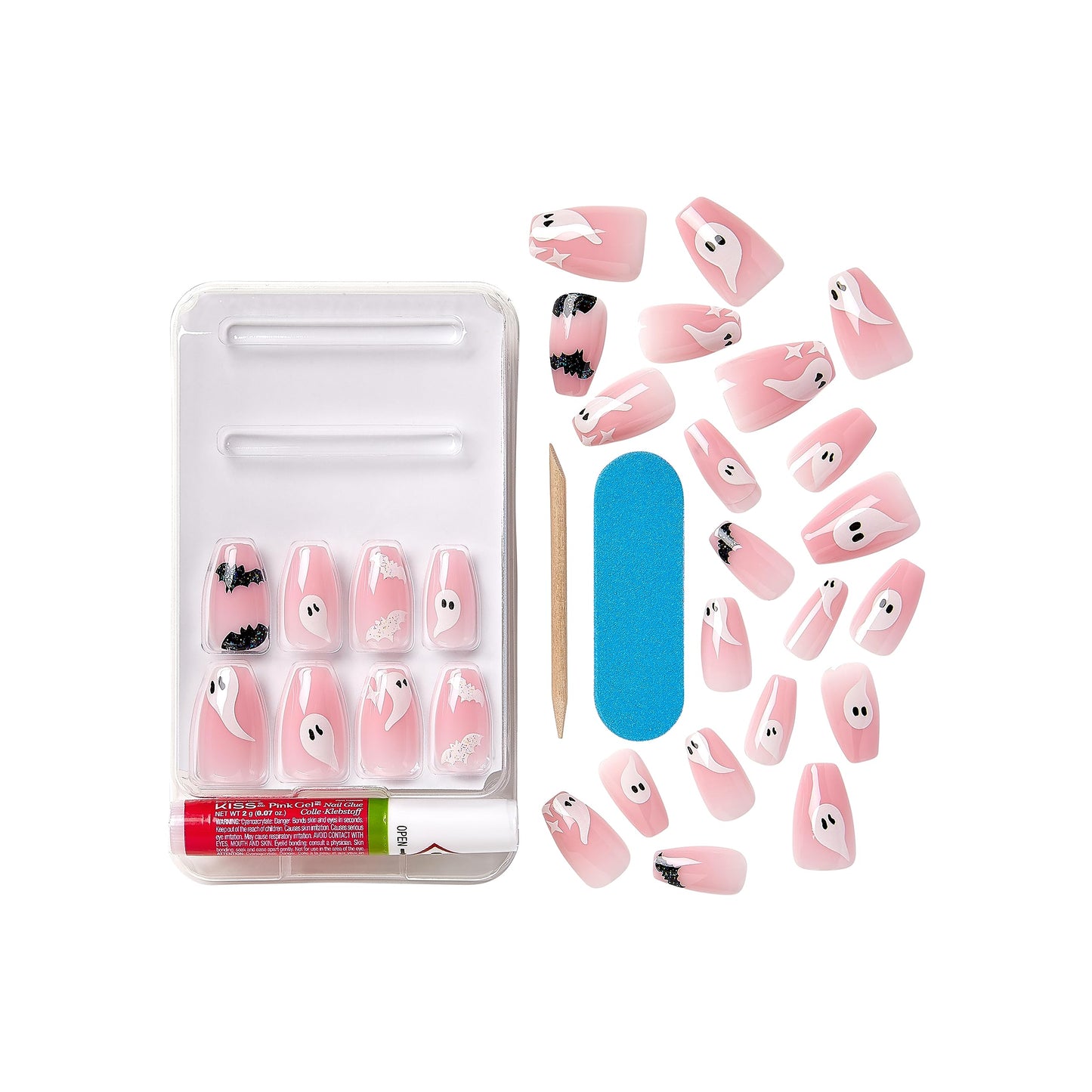 KISS Voguish Fantasy Halloween Nails, Black & White, Medium Length, Coffin Shape, Pink Gel Nail Glue (2g), Mini Nail File, Manicure Stick, & 28 Fake Nails