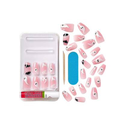KISS Voguish Fantasy Halloween Nails, Black & White, Medium Length, Coffin Shape, Pink Gel Nail Glue (2g), Mini Nail File, Manicure Stick, & 28 Fake Nails