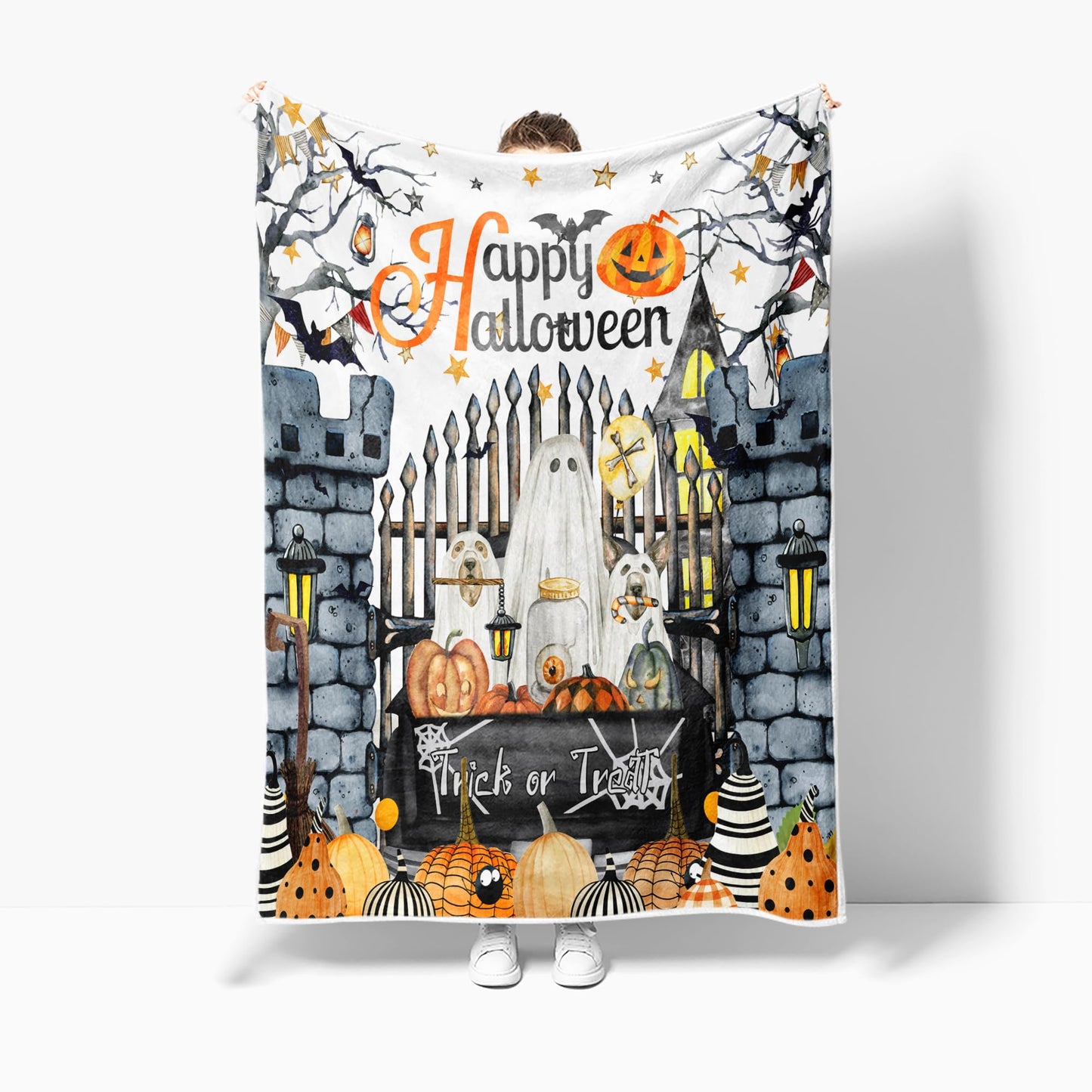Halloween Blanket,White Ghost Pumpkin Bats and Spider Gothic Castle Terrorism Hallloween Throw Blanket,All Season Bed Couch Sofa Flannel Blanket,50X60 Inch.