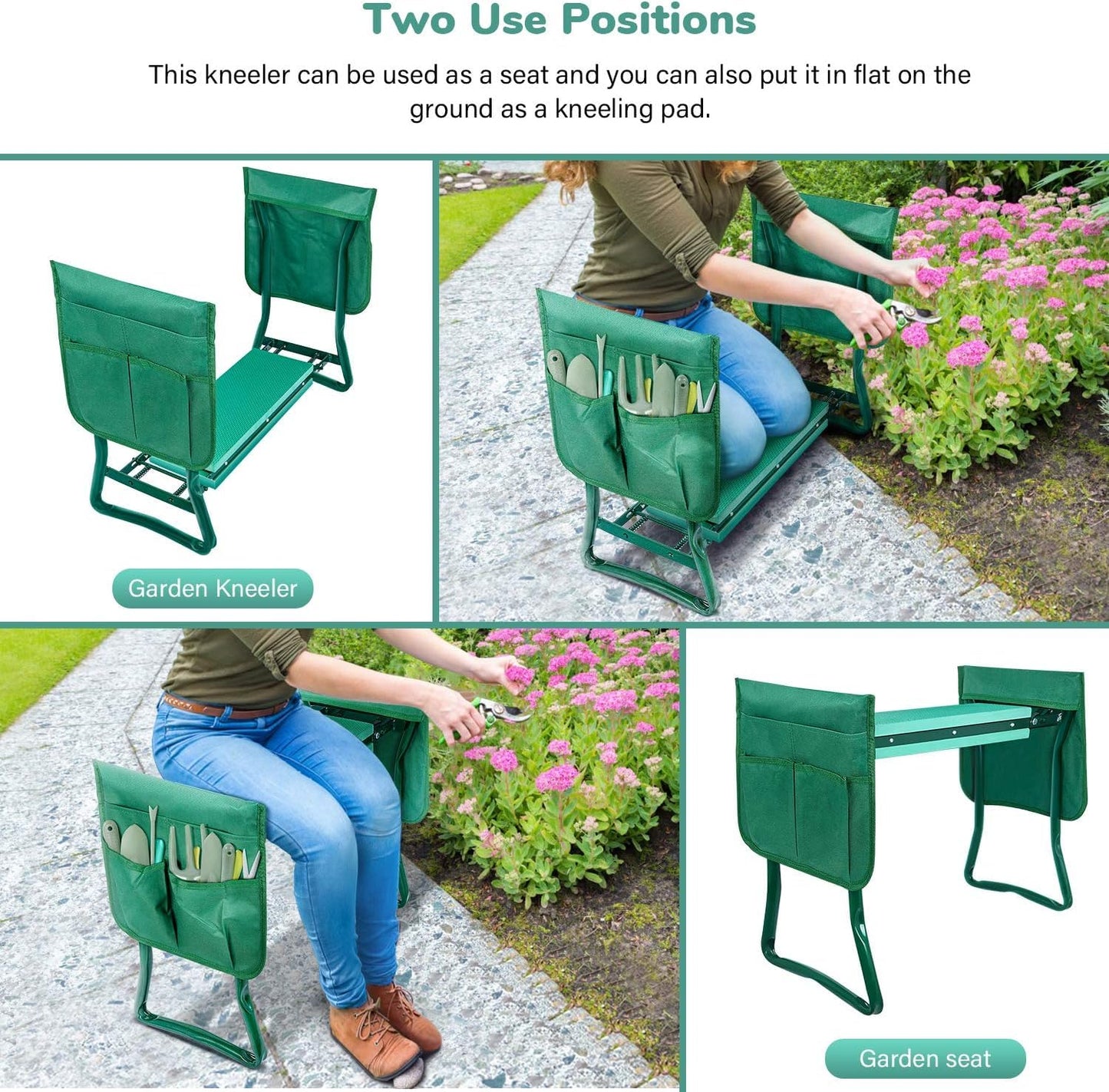 iPower Upgraded Garden Kneeler and Seat, with Sturdy Soft EVA Foam Pad, 2 Tool Pouch, Hold 330lb, Portable Foldable Kneeling Bench, for Gardening, Fishing, Camping, Green