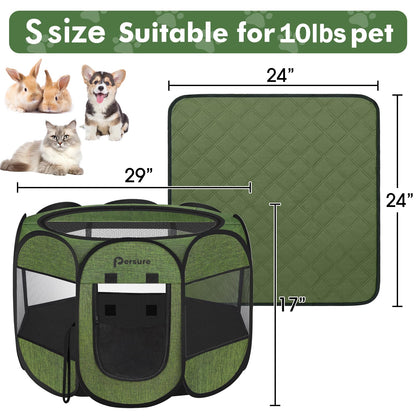Dog Cat Playpen Indoor Outdoor for Puppy Pet Dogs Cat Recovery After Surgery, Dog Tent Crates Cage Indoor/Outdoor, Portable Pop Up Kennel with Carrying Case for Travel (Premium Green with Pad, Small)