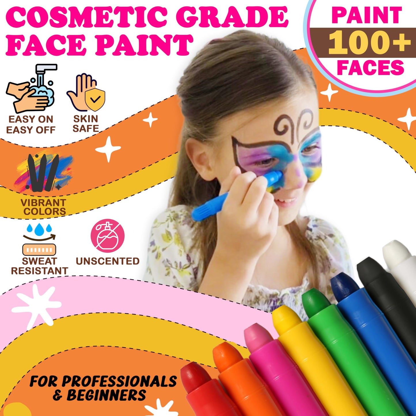 Jim&Gloria Water Based Face Paint Kit with Stencils, 8 Large Professional Face Painting Kit for Kids Party Facepaint Halloween Makeup Washable Body Paint for Adults Skin Color Crayons, Boy Girl Gifts