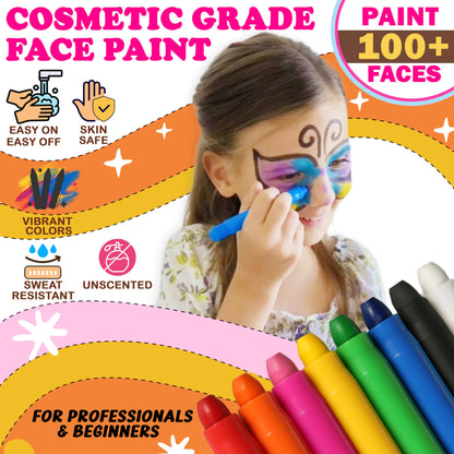 Jim&Gloria Water Based Face Paint Kit with Stencils, 8 Large Professional Face Painting Kit for Kids Party Facepaint Halloween Makeup Washable Body Paint for Adults Skin Color Crayons, Boy Girl Gifts